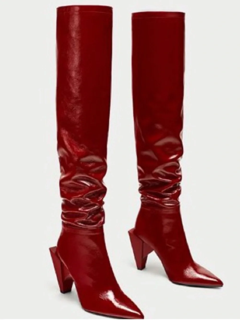 Zara Red Over-the-Knee Pointed Toe Block Heel Boots